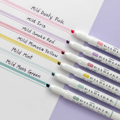 Zebra Pen Mildliner dual-tip explainer demonstrates broad and fine tips in use
