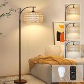 ZECOXOL Arc Floor Lamp with rattan shade creates cozy living room ambiance