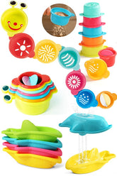 Zeewoo 11-piece bath toy set with bright stacking cups for sorting and stacking play.