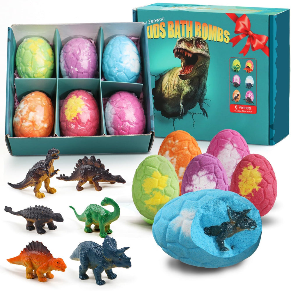 Zeewoo Easter bath bombs reveal a dinosaur toy inside for kids' bath time fun.