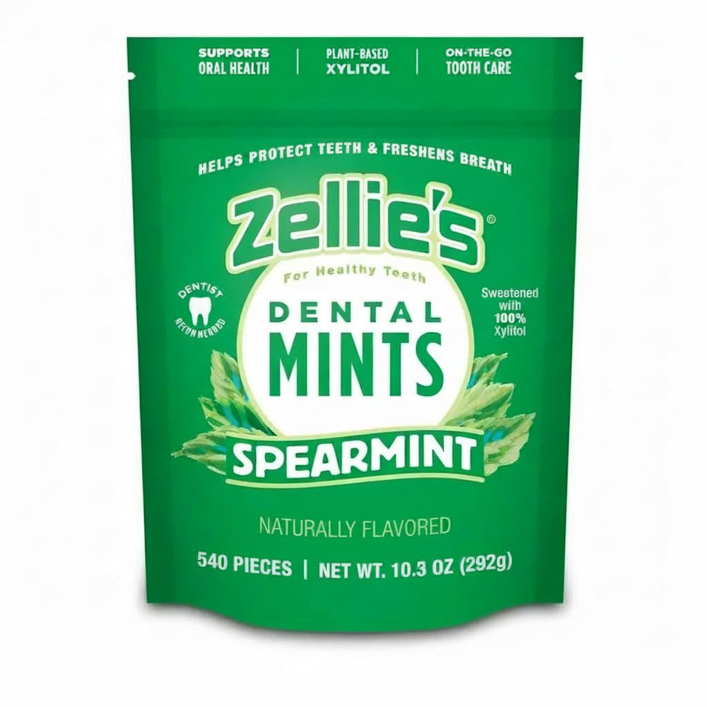 Zellie's 100% xylitol spearmint mints pack-front for on-the-go freshness.