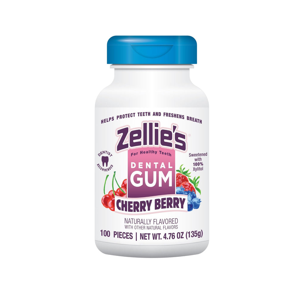 Zellie's Cherry Berry chewing gum pack promotes fresh breath on the go.