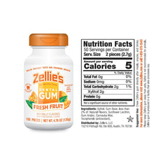 Zellie's fresh fruit gum back panel highlights ingredients and certifications.