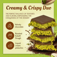 ZEMUS pistachio kunafa closeup highlights crispy kataifi and velvety chocolate.