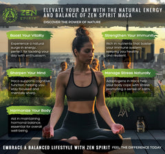 Zen Spirit Maca powder bag back detailing sourcing and certifications for trust.