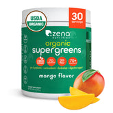 Zena Nutrition Organic Super Greens mango bottle pour shows daily wellness potential
