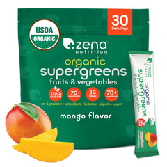 Zena Nutrition Organic Super Greens Powder packets for on-the-go daily nutrition.