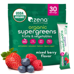 Zena Nutrition Organic Super Greens Powder tub showcasing 70+ superfoods for daily nutrition.