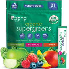 Zena Nutrition Organic Super Greens variety pack front view for daily greens boost.