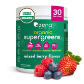 Zena Nutrition Organic Super Greens powder bottle highlighting greens for daily wellness