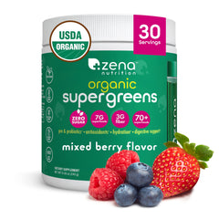 Zena Nutrition Organic Super Greens powder bottle highlighting greens for daily wellness