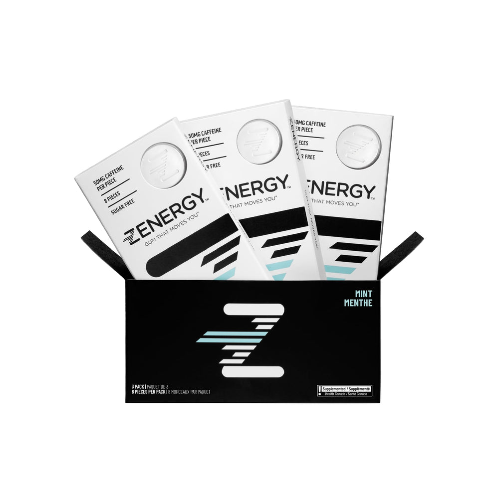 ZENERGY energy gum mint flavor pack for on-the-go energy and zero sugar.