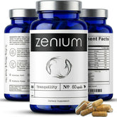 Zenium stress-relief bottle highlights a plant-based formula for calmer thoughts.