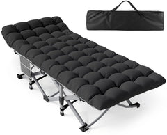 ZENPETIO camping cot folded compact for easy storage and travel.