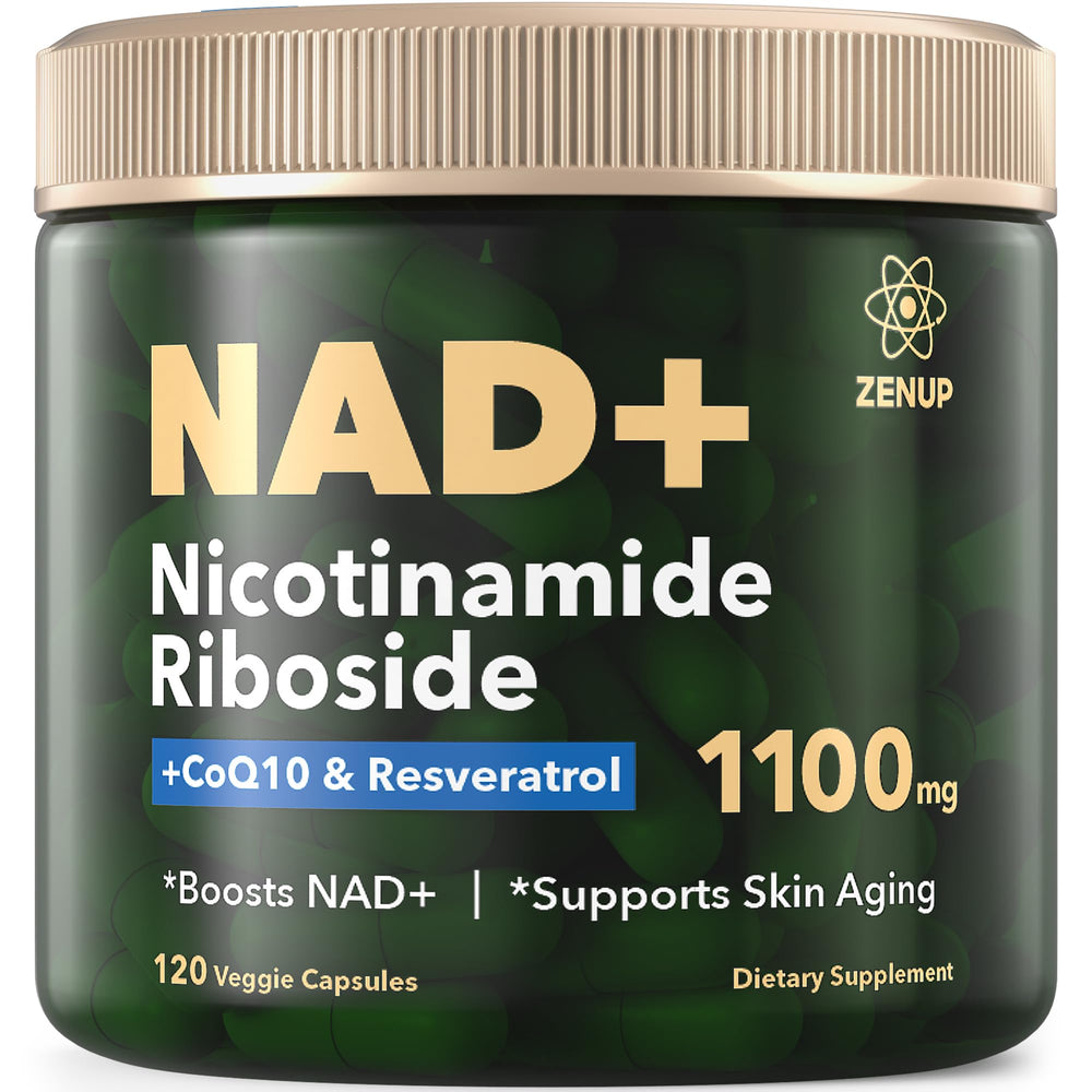 ZenUP NAD+ bottle-front shows premium NR formula for daily vitality