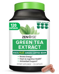 Zenwise Health Green Tea Extract capsules bottle closeup for energy support and focus.