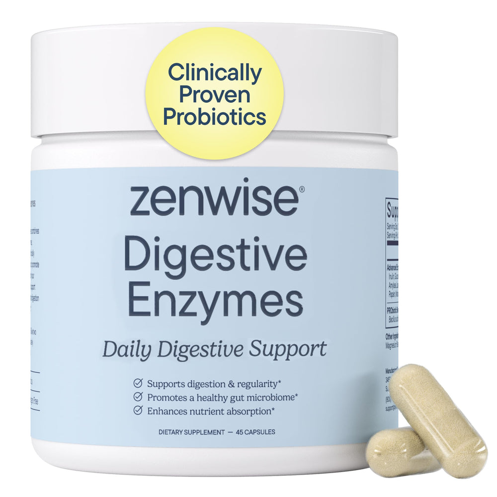 Zenwise Health Digestive Enzymes bottle with pour improves post-meal comfort.
