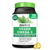 Zenwise Health vegan omega-3 softgels bottle front showing burpless daily supplement