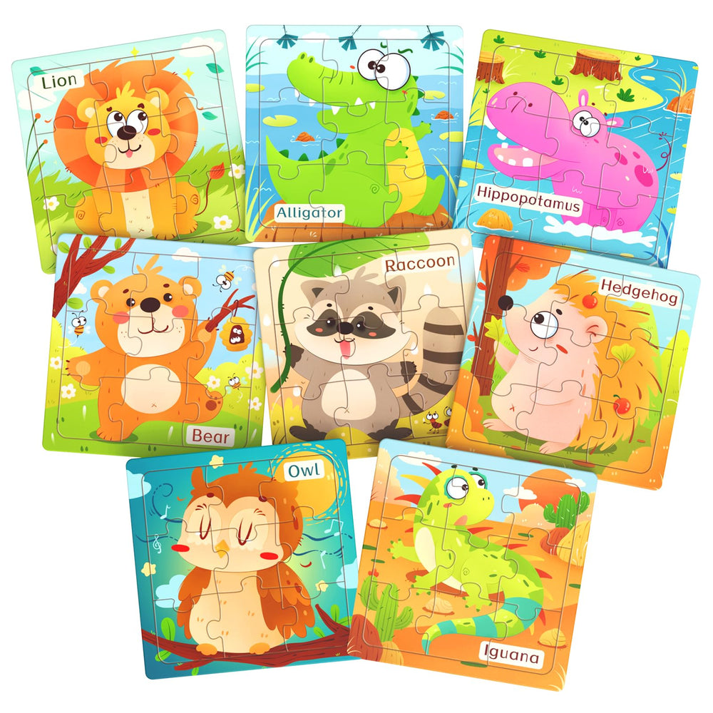 Zeoddler wooden puzzles for toddlers with 8 animal designs, supporting fine motor skills.