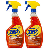 Zep Heavy-Duty Citrus Degreaser bottle pour showing fast grease breakdown for kitchens.