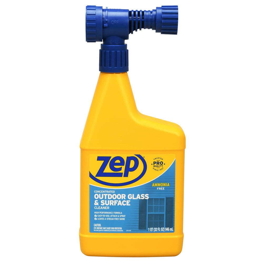 Zep hose-end outdoor cleaner applied to exterior glass for a clear finish