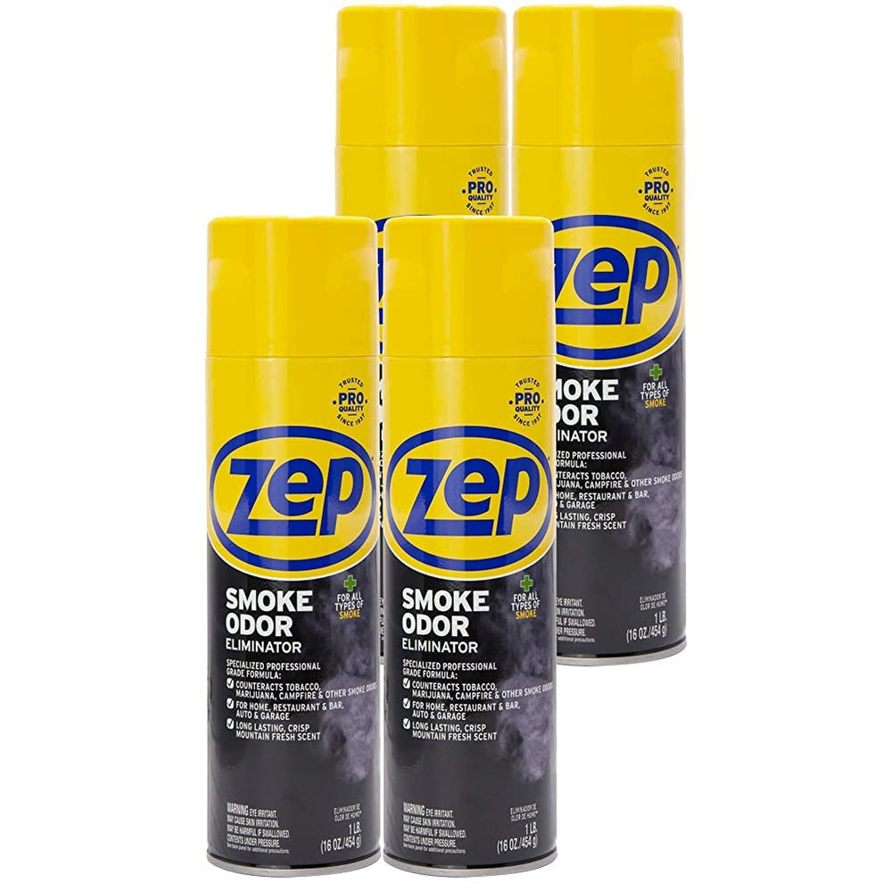 Zep Smoke Odor Eliminator aerosol bottle in use to neutralize room smoke odors.