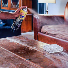 Spray application visible as mist with refreshed living room after use of Zep odor eliminator.