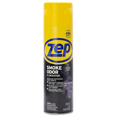 Close-up of Zep Smoke Odor Eliminator aerosol showing professional-grade formula for long-lasting room freshness.