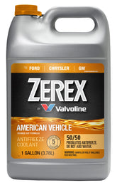 Zerex American Vehicle antifreeze bottle pour shows ready-to-use 50/50 mix for quick top-offs.