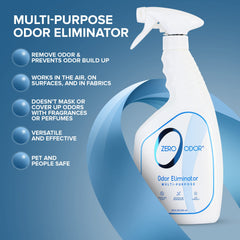 Close-up of Zero Odor spray mist demonstrating quick odor control action.