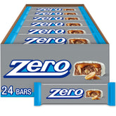 ZERO White Fudge Caramel Peanut Almond Nougat Bars bulk pack on a shelf for easy stocking.
