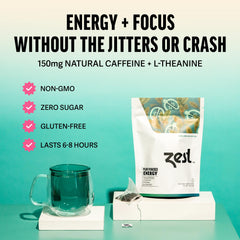 ZEST Earl Grey energy tea steaming cup emphasizes bergamot flavor and focus