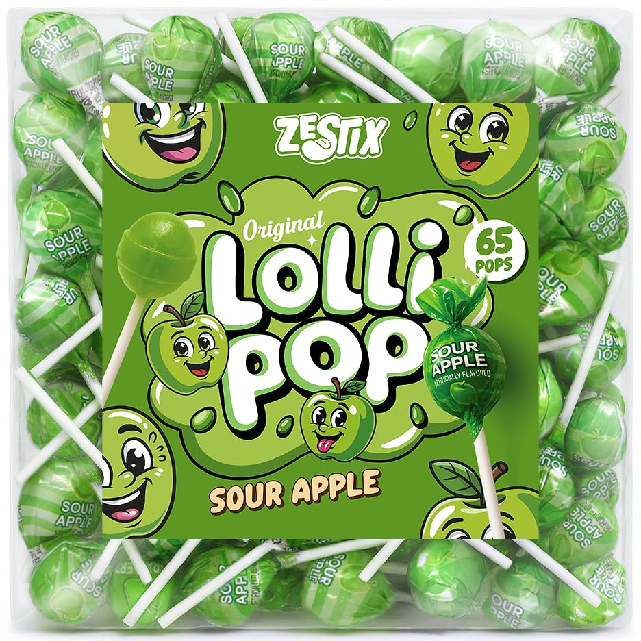 Zestix Sour Apple mini lollipops, individually wrapped for party sharing.