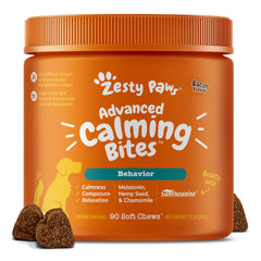 Zesty Paws Calming Chews bottle front showing bacon flavor and calming support.