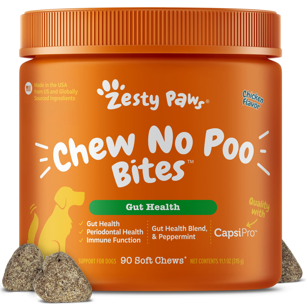 Zesty Paws Chew No Poo Bites chicken bottle in view, supports gut health and routine care.
