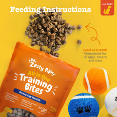 Chien en mouvement recevant une friandise Zesty Paws pendant l'exercice.