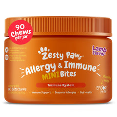 Zesty Paws allergy relief chews bottle front with lamb formula for itchy skin.