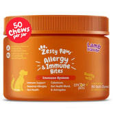 Zesty Paws dog allergy relief chews bottle highlighting digestion support