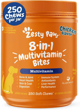 Zesty Paws dog multivitamin bottle front promotes overall wellness.