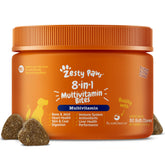 Zesty Paws dog multivitamin bottle showing all-in-one care for hips, skin, and immune support