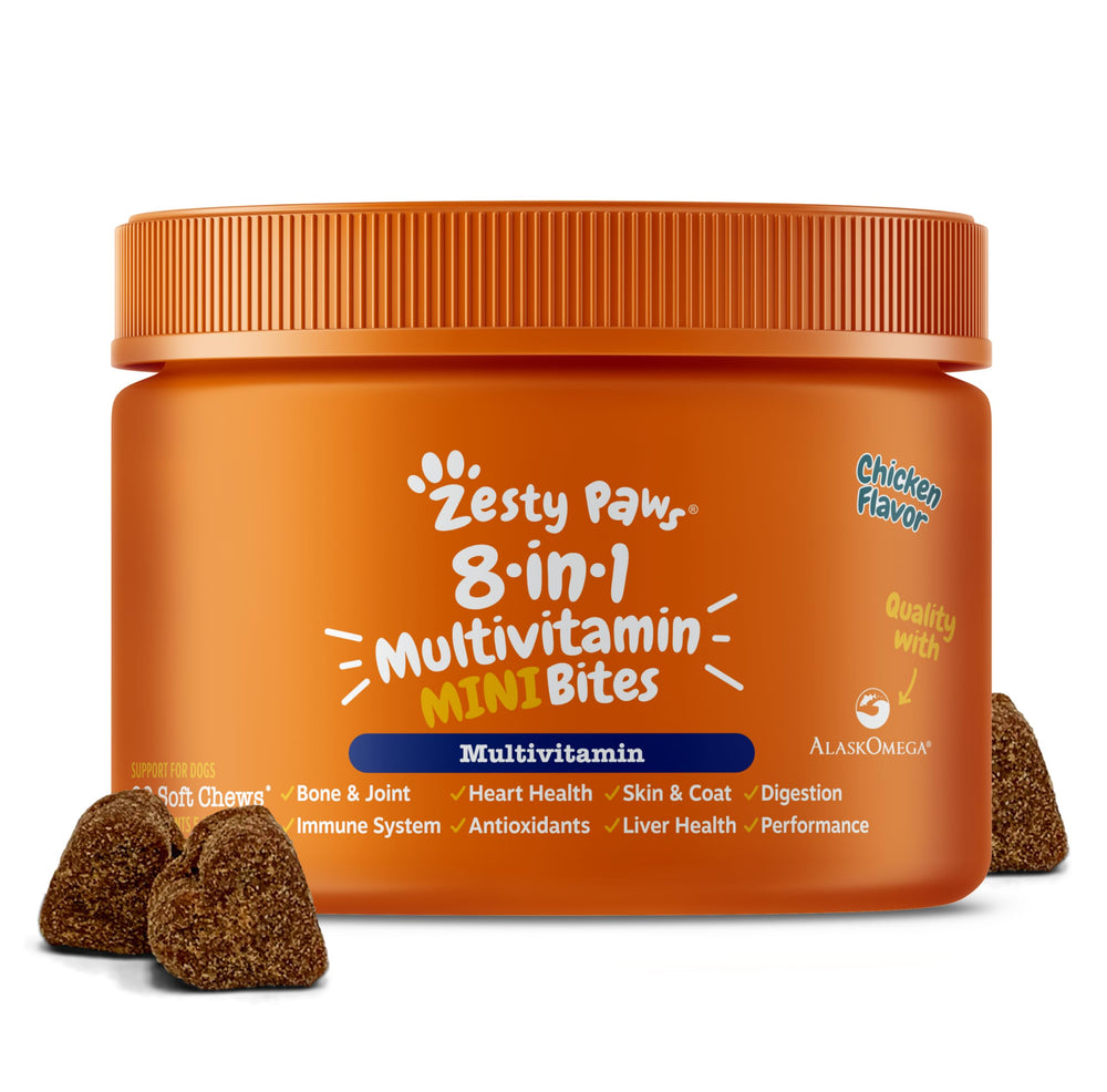 Zesty Paws dog multivitamin bottle showing chicken mini bites for daily immune support.