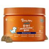 Zesty Paws dog multivitamin packaging close-up for overall wellness.