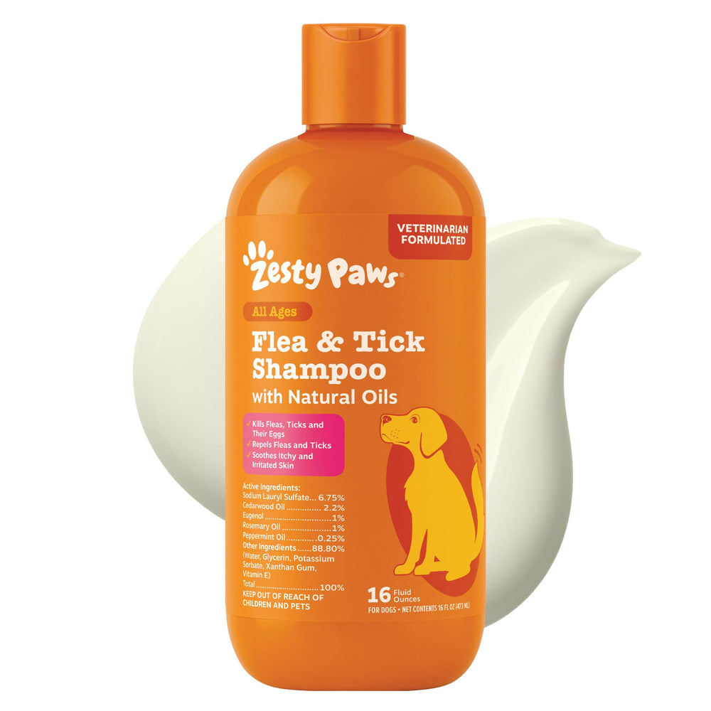 Zesty Paws flea & tick shampoo bottle for dogs promotes a clean coat.