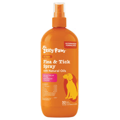 Zesty Paws flea tick spray bottle for dogs showing vet-formulated protection against fleas and ticks.