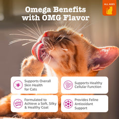 Zesty Paws MeowMEGA seaweed boost supports omega intake for coat health.