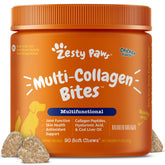 Zesty Paws Multi Collagen pack shot showing dog-friendly chicken flavor for daily use