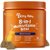 Zesty Paws multivitamin dog treats bottle shown for joint support and daily wellness.