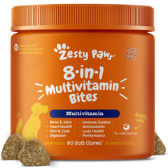 Zesty Paws multivitamin dog treats bottle shown for joint support and daily wellness.