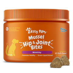 Zesty Paws Mussel Mobility Bites packaging shows the 90-count bottle for easy dosing.