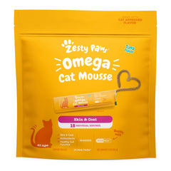 Zesty Paws Omega Cat Mousse tuna tube shows squeezable texture for easy feeding.